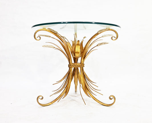 Modernist Era Hollywood Regency Wheat Metal Gilt Tole Round Glass Side Table