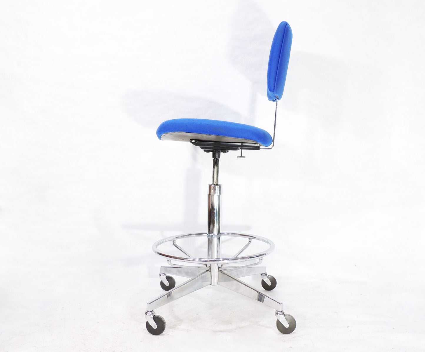 Vintage Steelcase Blue Cloth Metal Swivel Rolling Drafting Stool