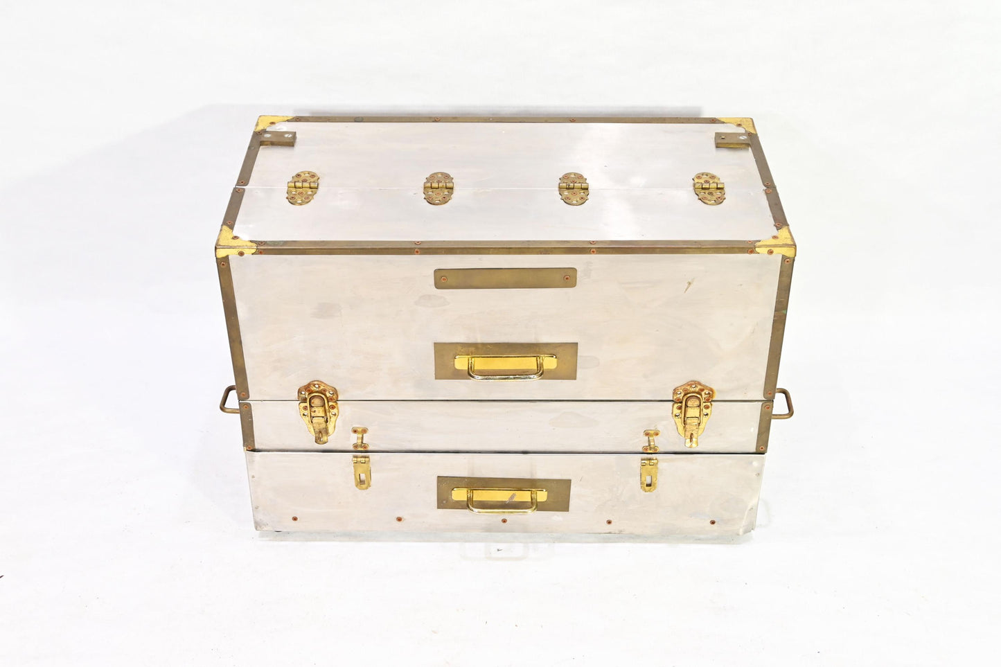 Vintage Metal Storage Case Trunk Brass handles Drawer Chest
