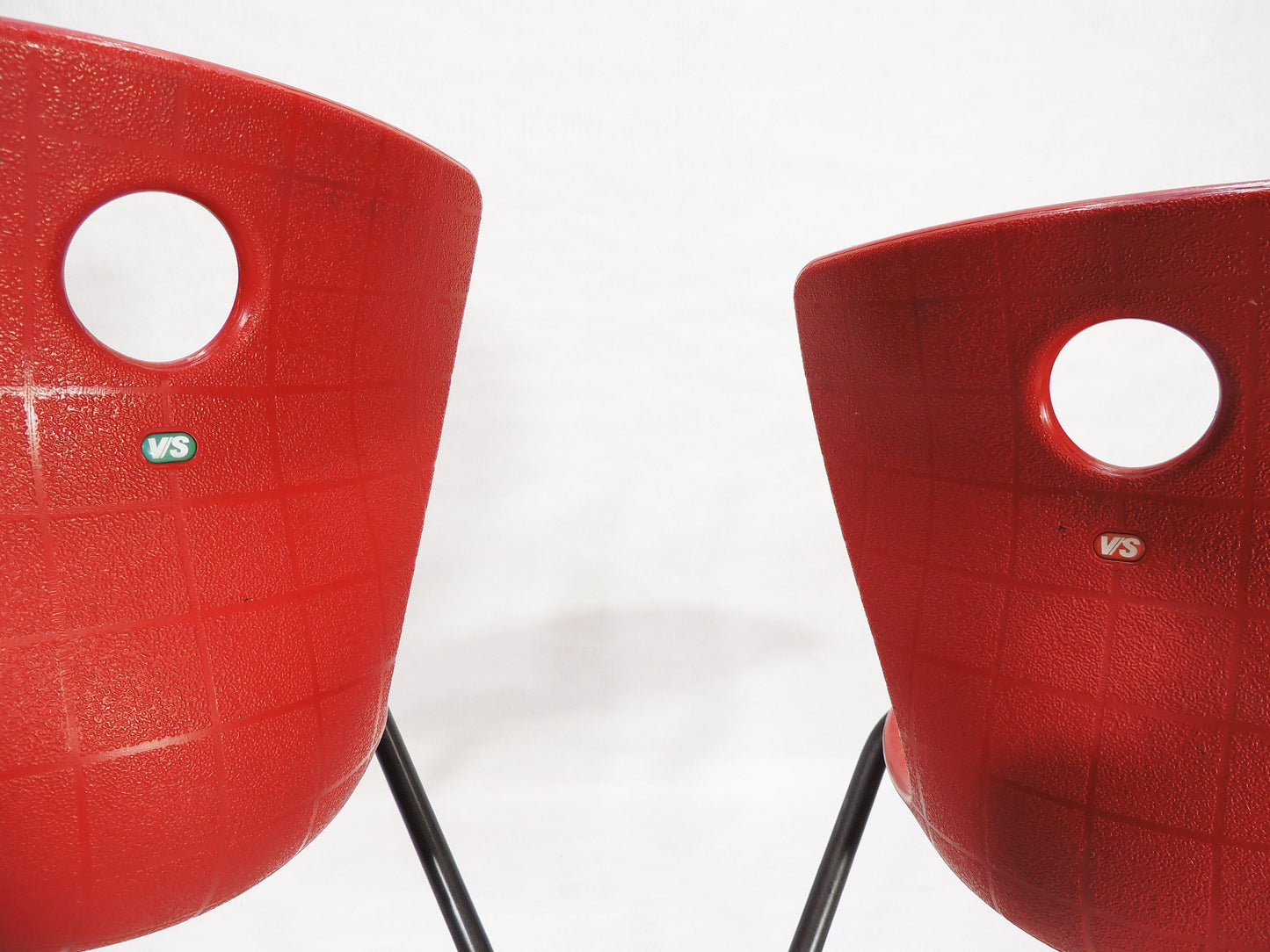 Set of 2 Post Modern VS Metal Framed Red Plastic Shell Chairs