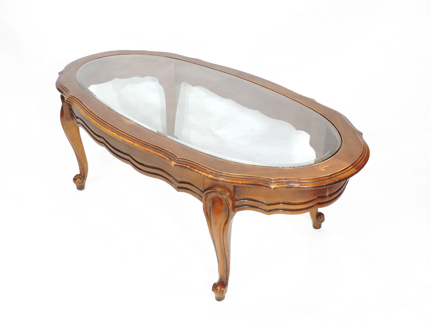 Vintage French Provincial-style Oval Wood Glass top Table