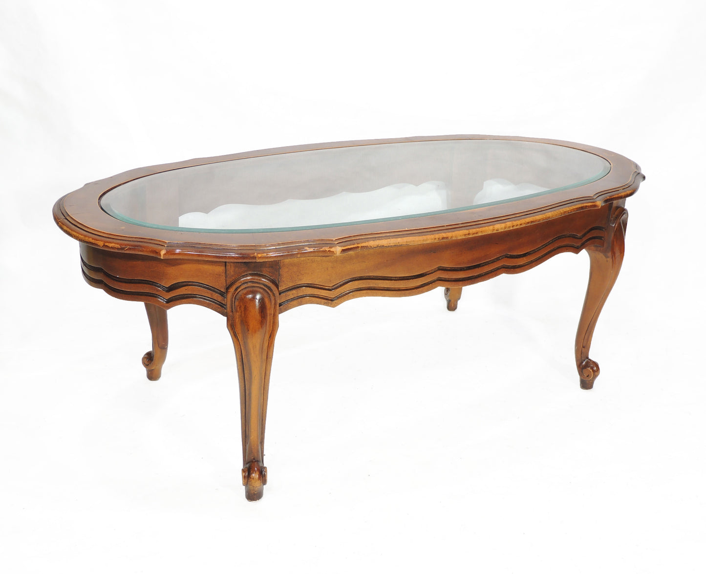 Vintage French Provincial-style Oval Wood Glass top Table