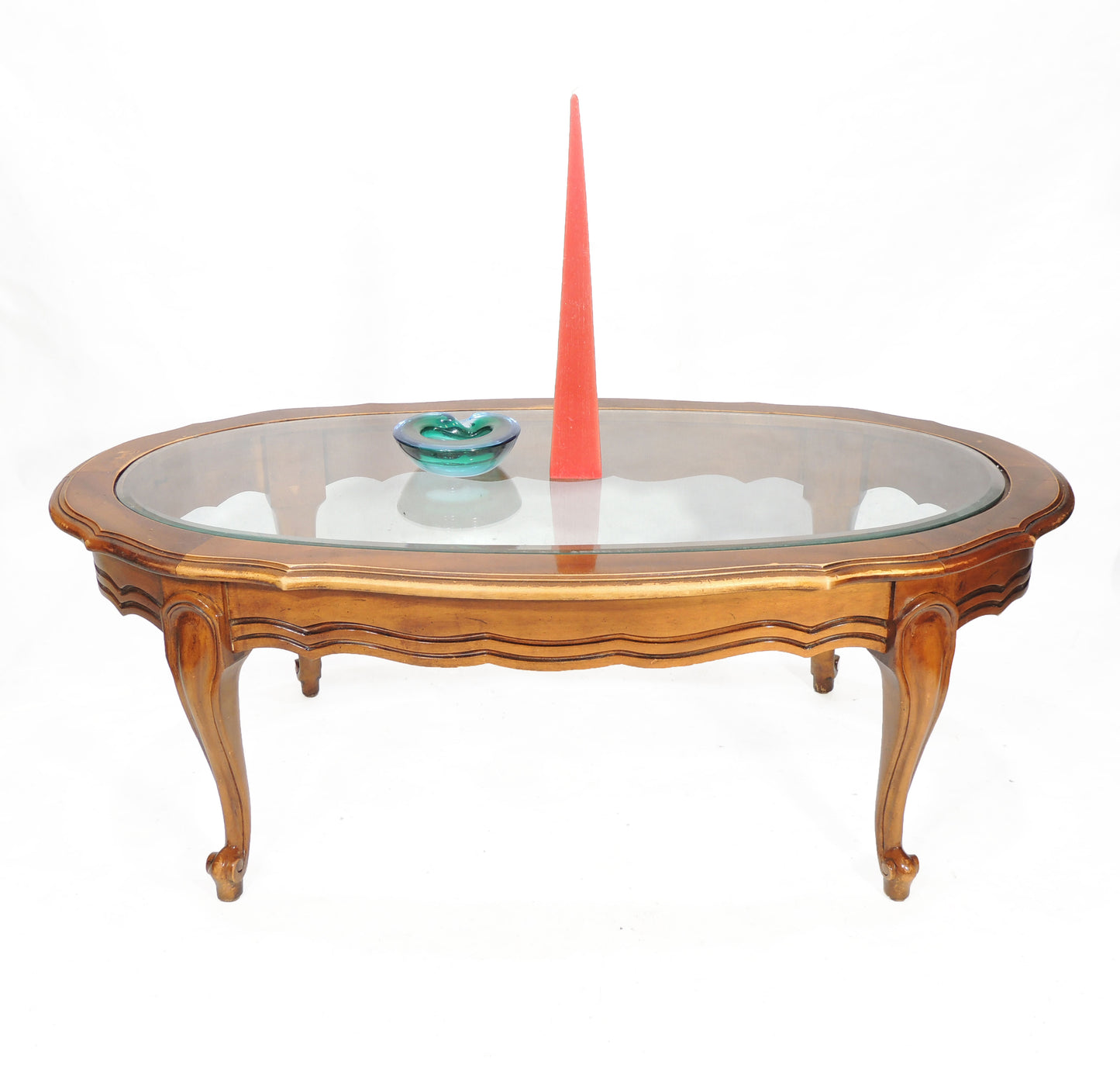 Vintage French Provincial-style Oval Wood Glass top Table