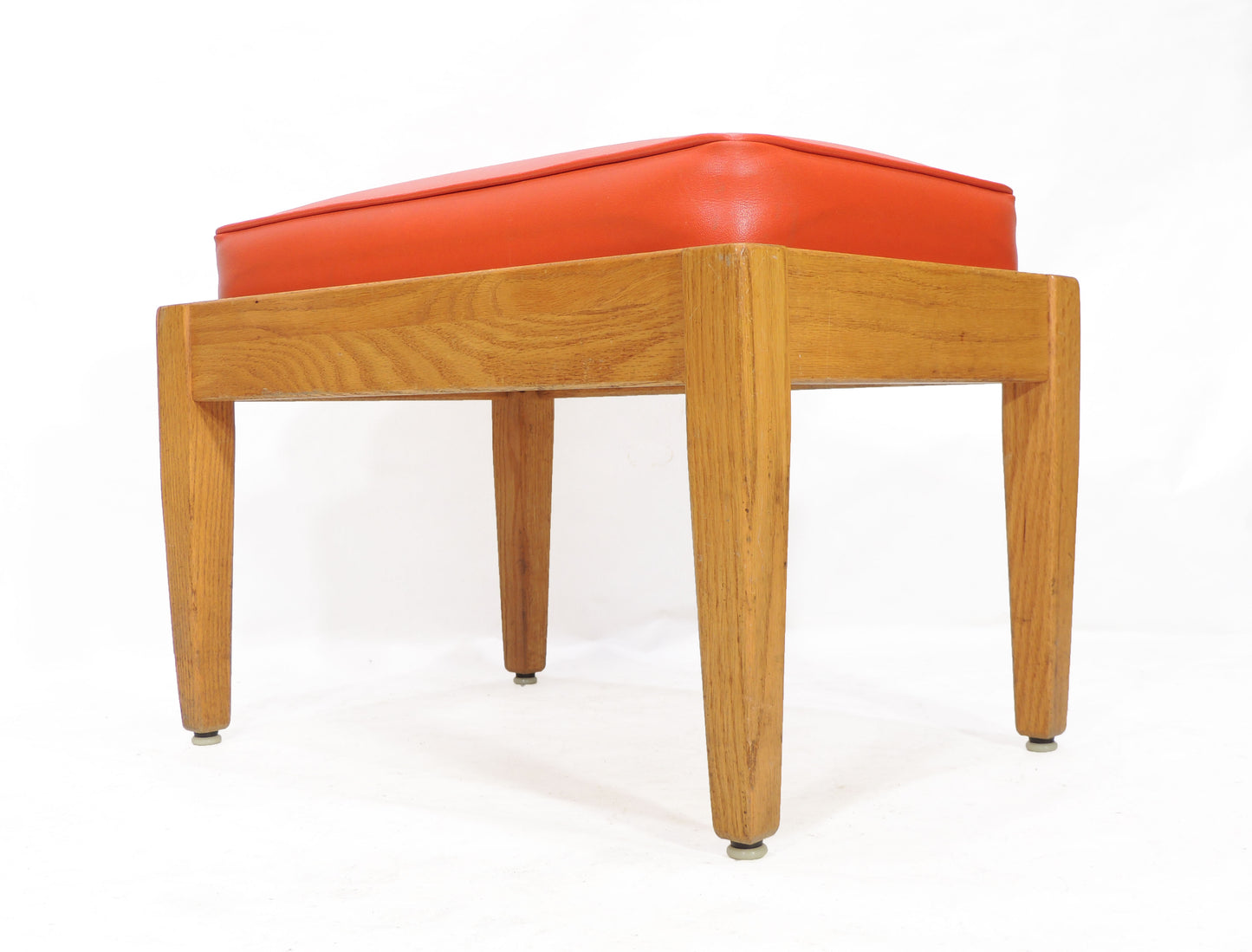 Vintage MCM era Orange Vinyl Wood Ottoman Stool