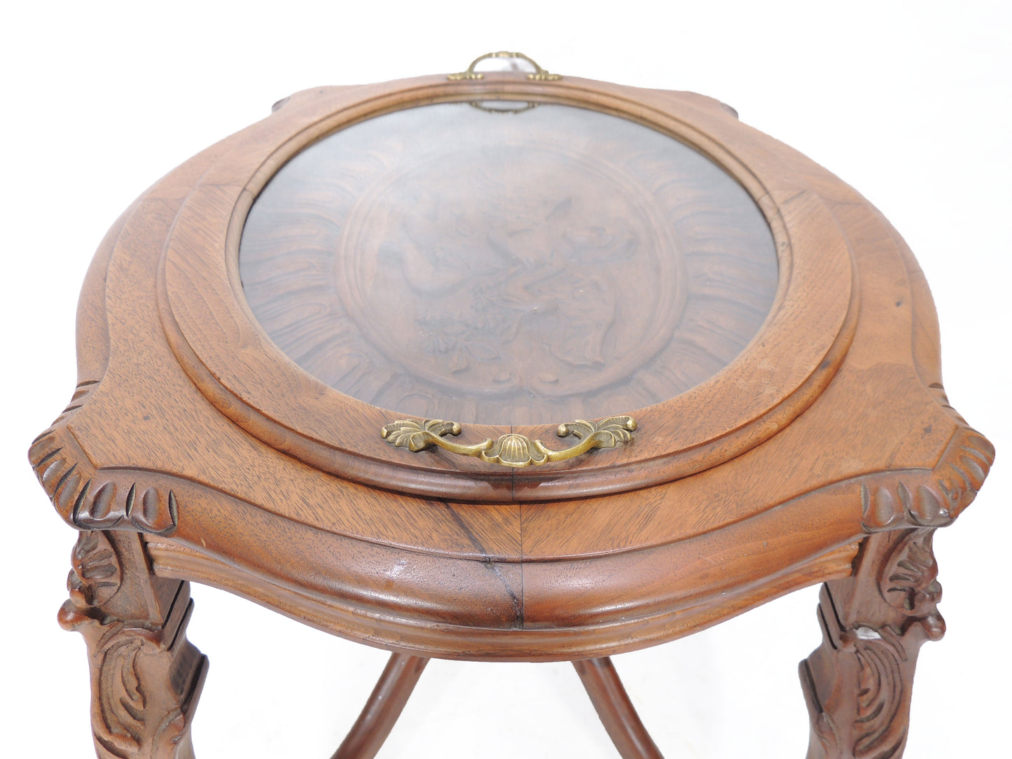Antique Carved Walnut Oval Side Occasional Table with Glass Tea Tray
