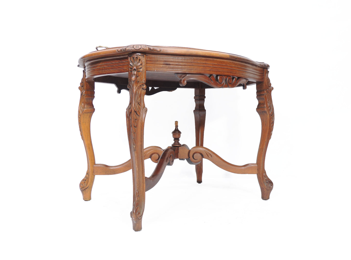 Antique Carved Walnut Oval Side Occasional Table with Glass Tea Tray