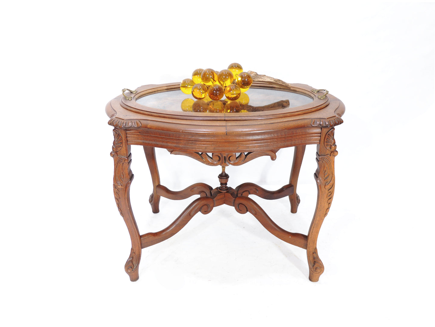 Antique Carved Walnut Oval Side Occasional Table with Glass Tea Tray