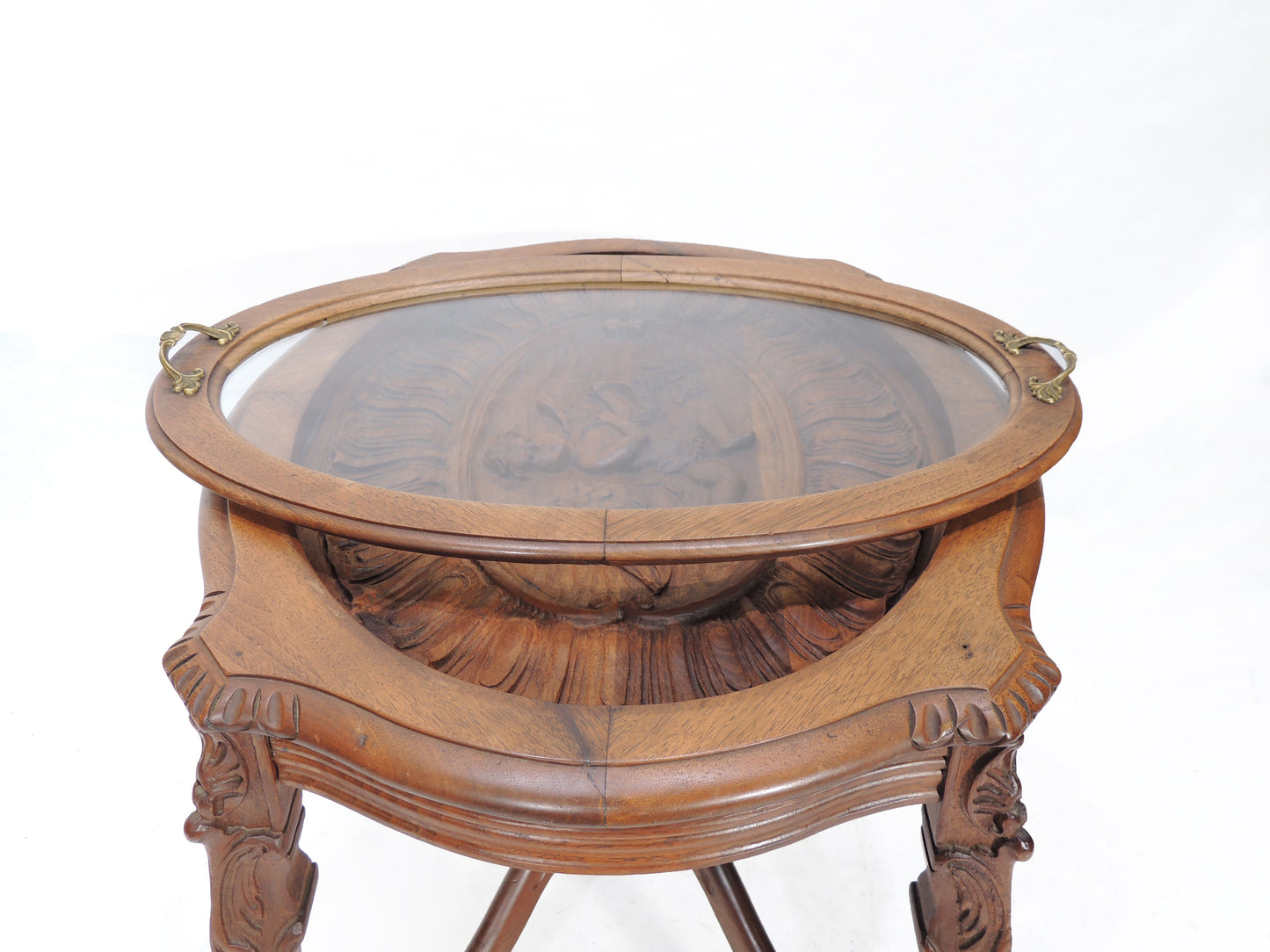 Antique Carved Walnut Oval Side Occasional Table with Glass Tea Tray