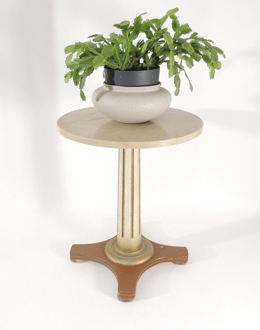 Vintage Column Empire Style Rustic Wood Pedestal Plant Stand travertine top