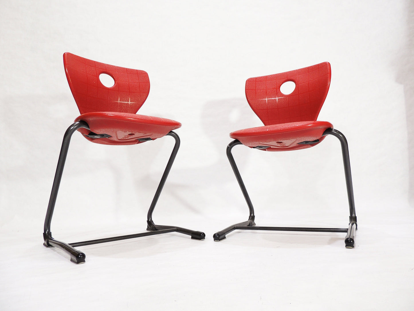 Set of 2 Post Modern VS Metal Framed Red Plastic Shell Chairs
