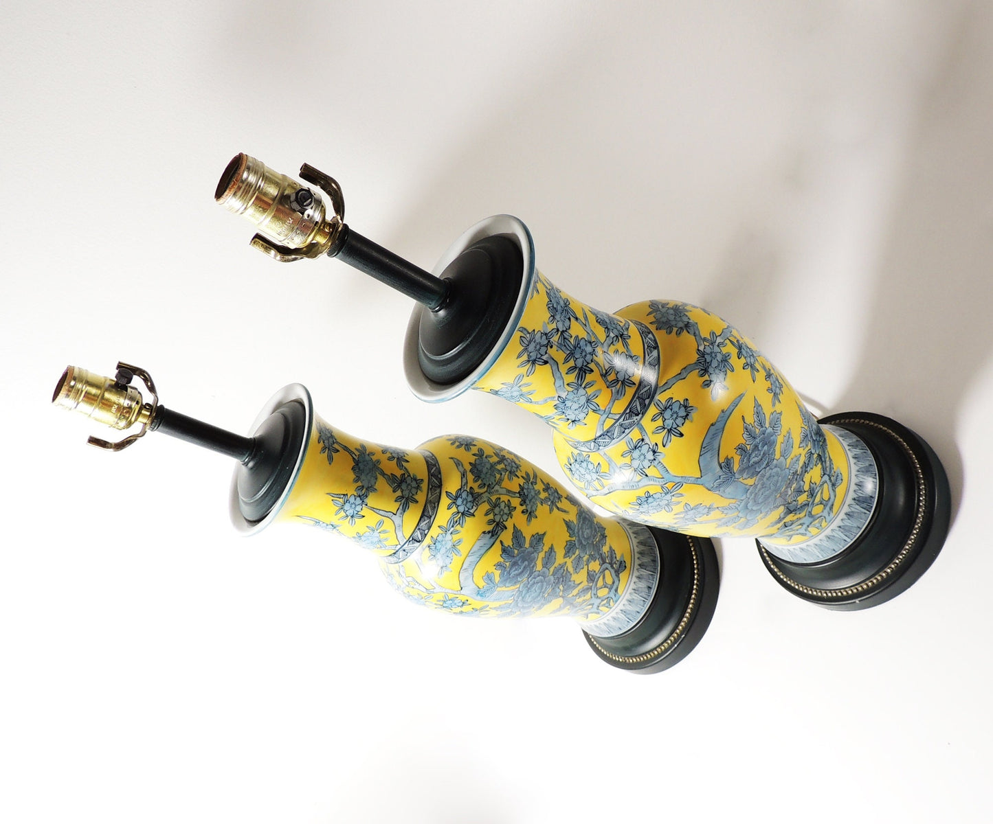 Vintage Pair of Oriental Style Yellow Blue Floral Ceramic Table Lamps