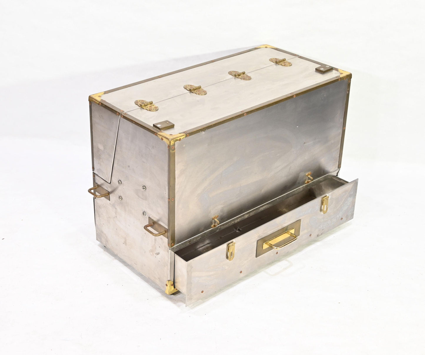 Vintage Metal Storage Case Trunk Brass handles Drawer Chest