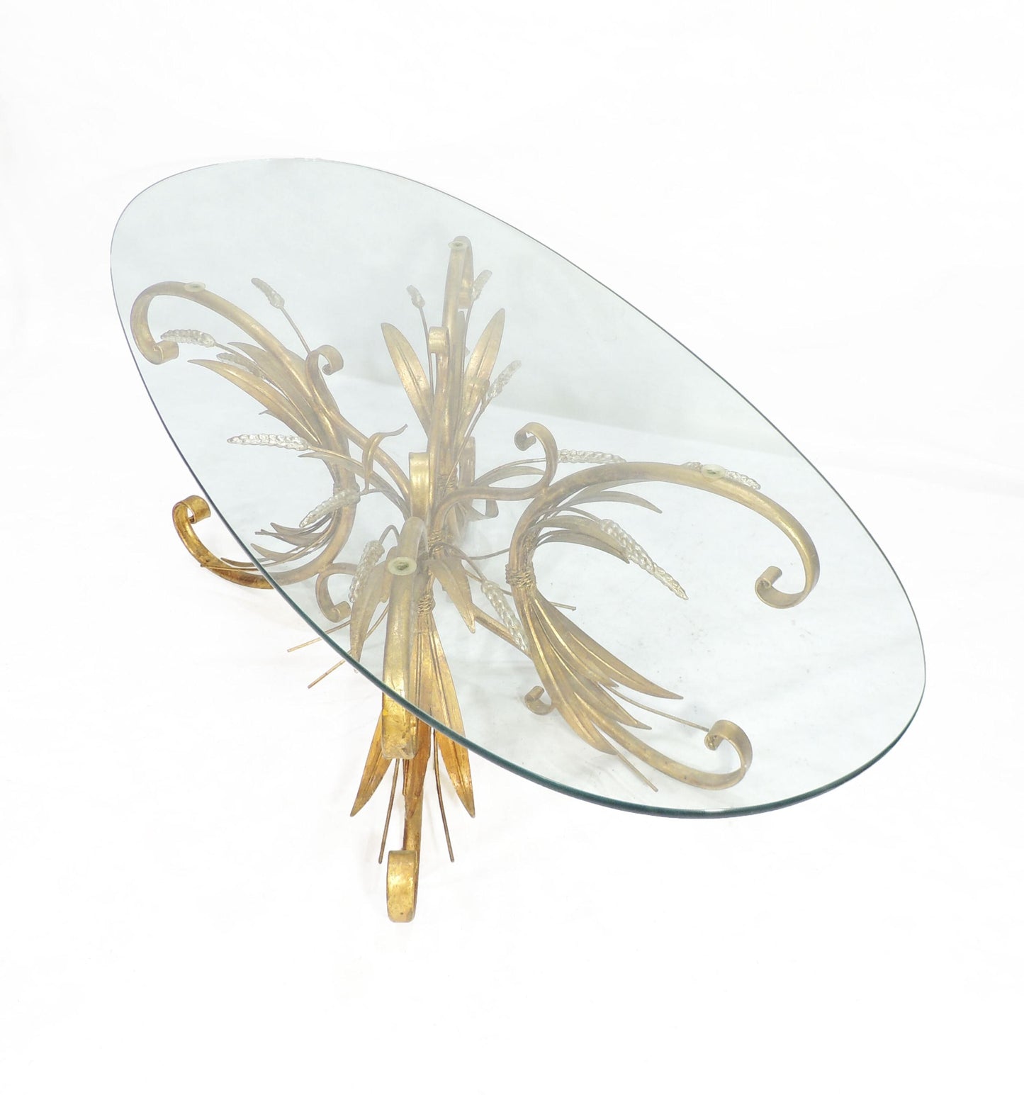 Modernist Era Hollywood Regency Wheat Metal Gilt Tole Oval Glass Coffee Table