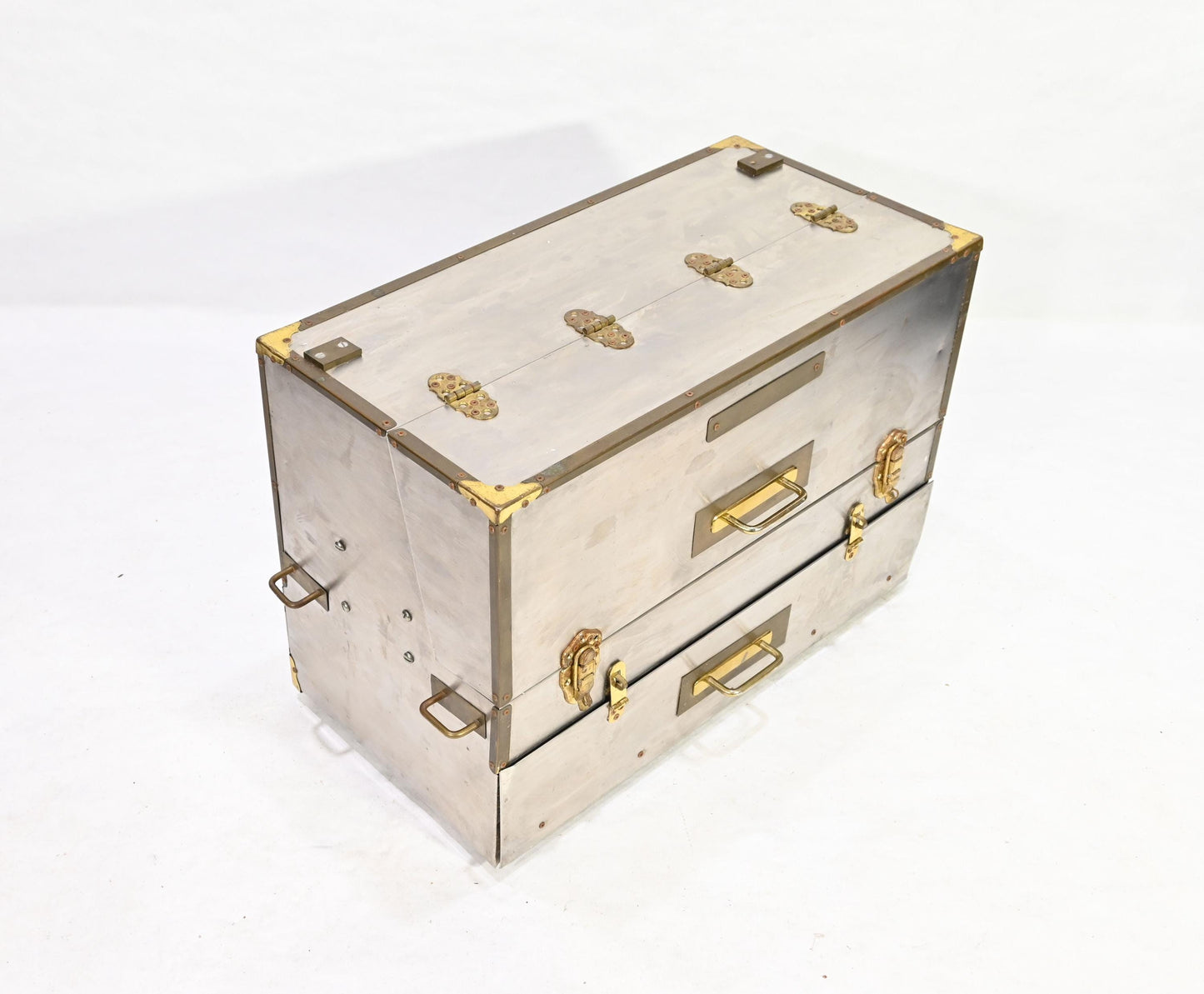 Vintage Metal Storage Case Trunk Brass handles Drawer Chest