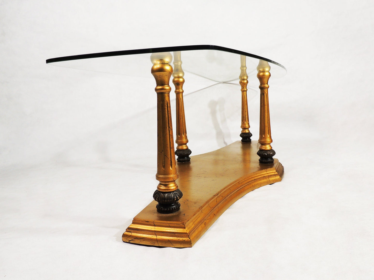 Vintage Hollywood Regency Gold Wood w Glass Top Coffee Table