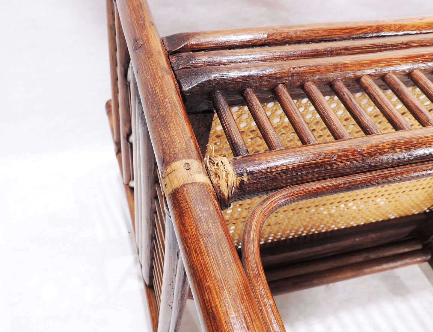 Vintage MCM Era Caned Seating Bamboo Pavilion Loveseat Bench