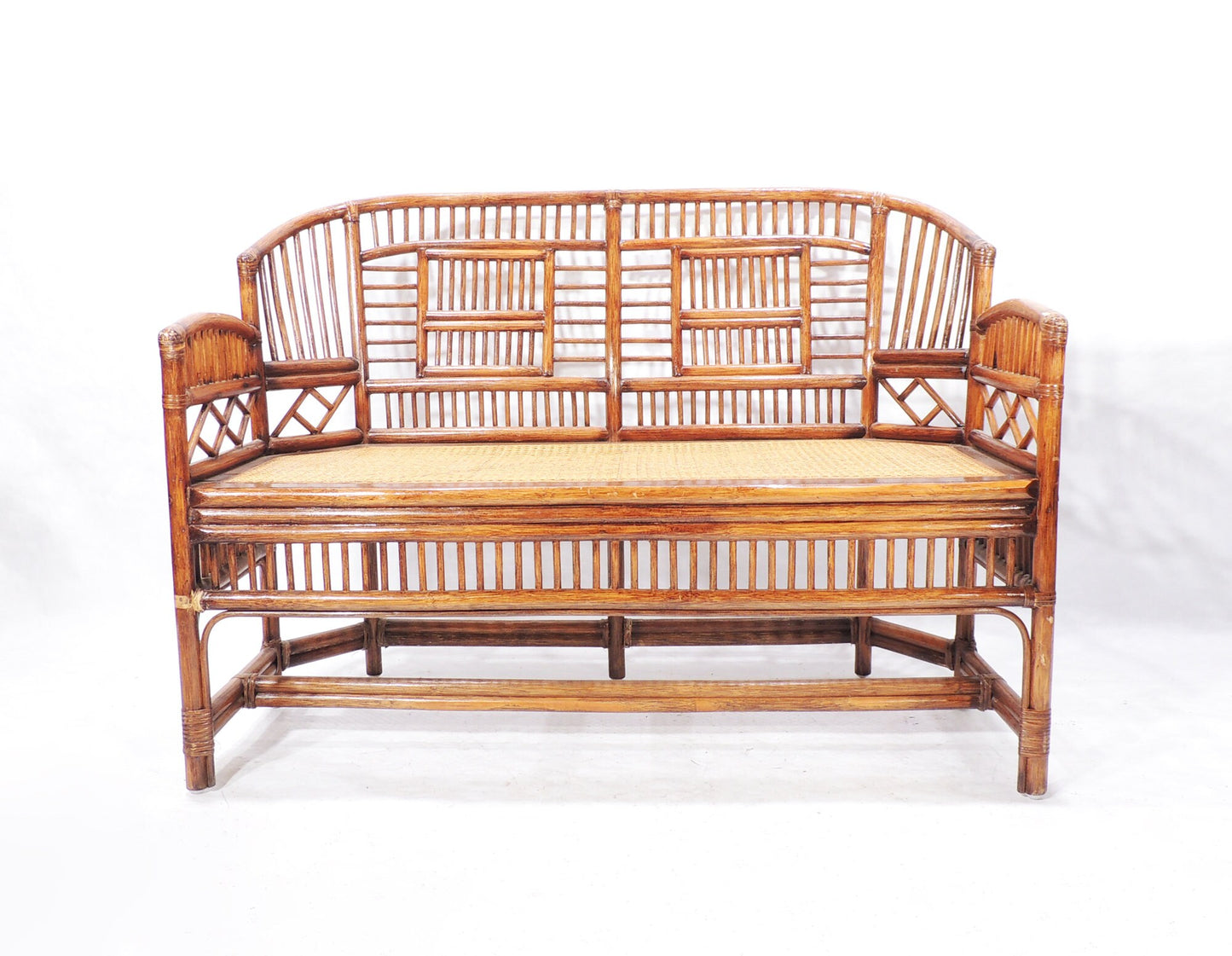Vintage MCM Era Caned Seating Bamboo Pavilion Loveseat Bench