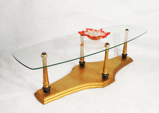 Vintage Hollywood Regency Gold Wood w Glass Top Coffee Table