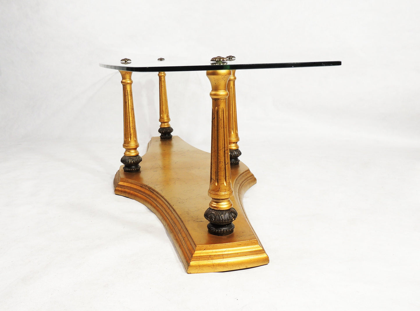 Vintage Hollywood Regency Gold Wood w Glass Top Coffee Table