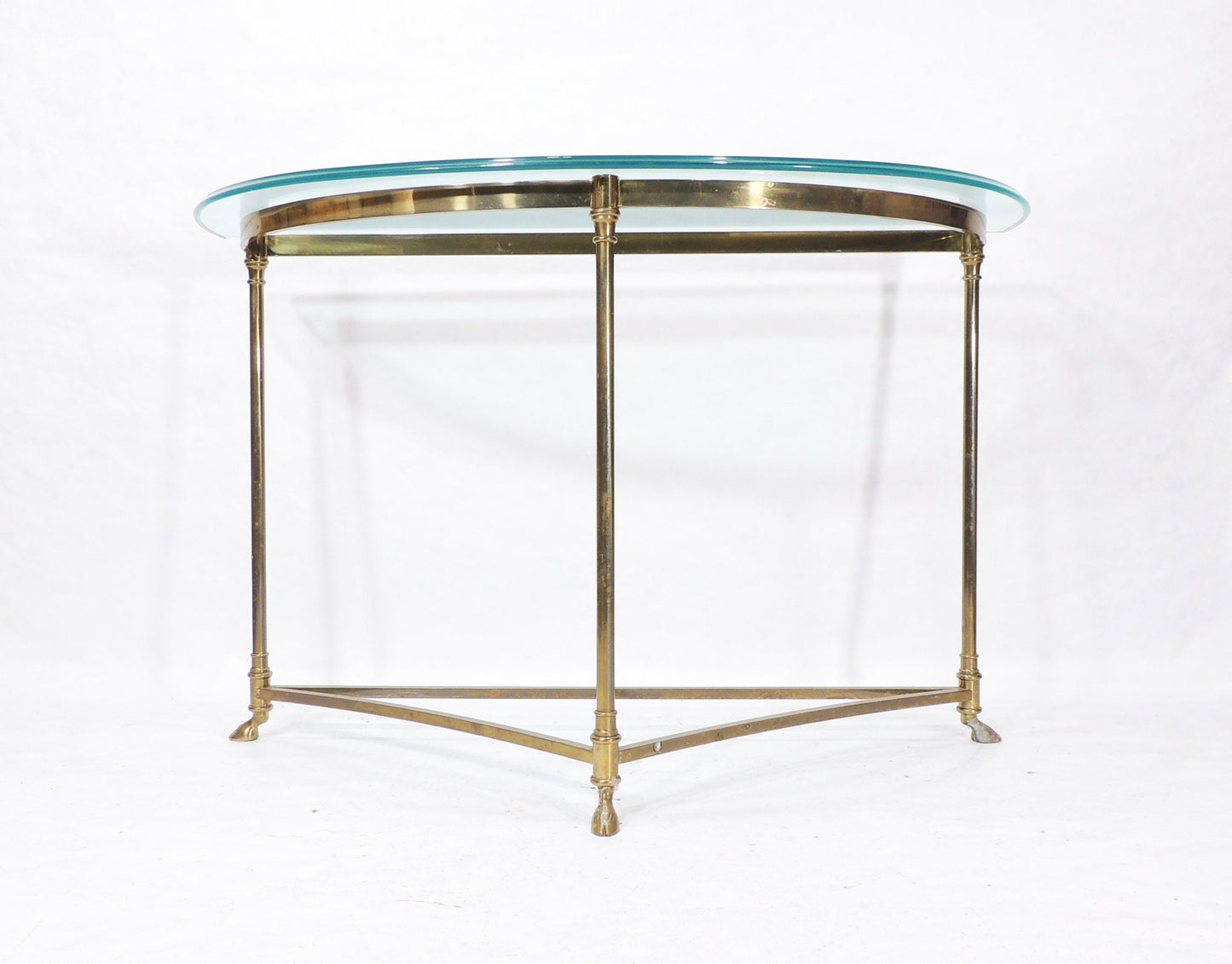 Vintage Half Moon Glass Top Brass Metal Claw hoofed Feet Console Table