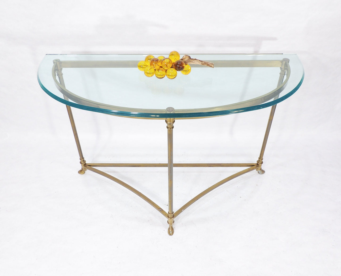 Vintage Half Moon Glass Top Brass Metal Claw hoofed Feet Console Table