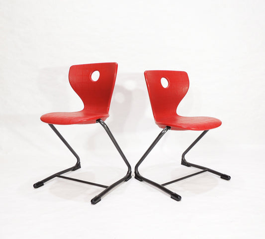 Set of 2 Post Modern VS Metal Framed Red Plastic Shell Chairs
