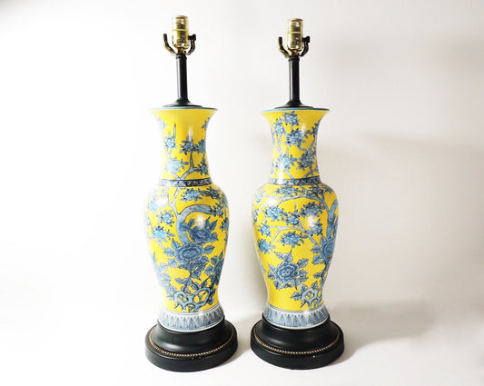 Vintage Pair of Oriental Style Yellow Blue Floral Ceramic Table Lamps