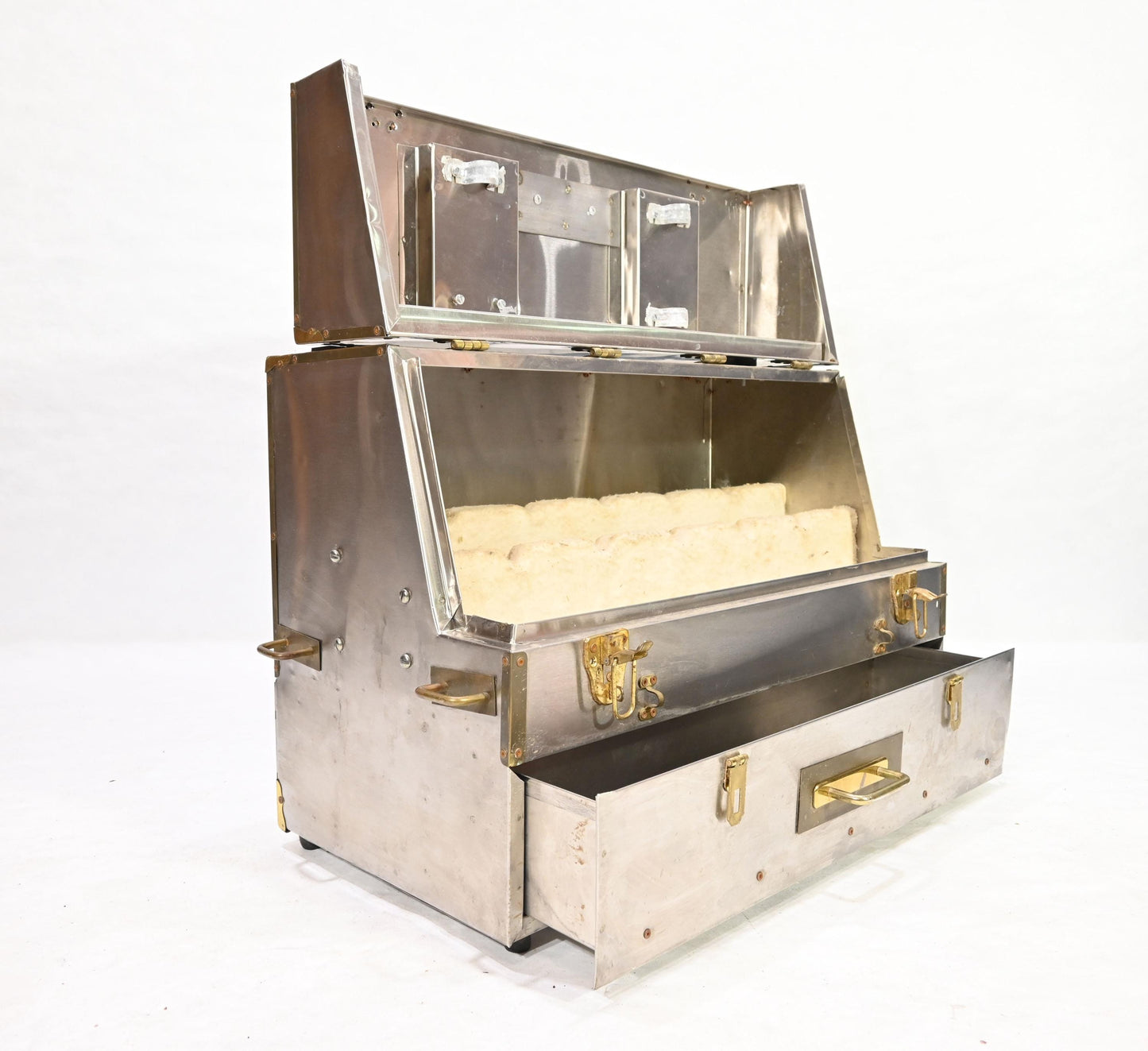 Vintage Metal Storage Case Trunk Brass handles Drawer Chest