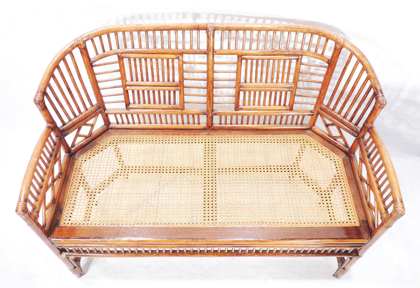 Vintage MCM Era Caned Seating Bamboo Pavilion Loveseat Bench