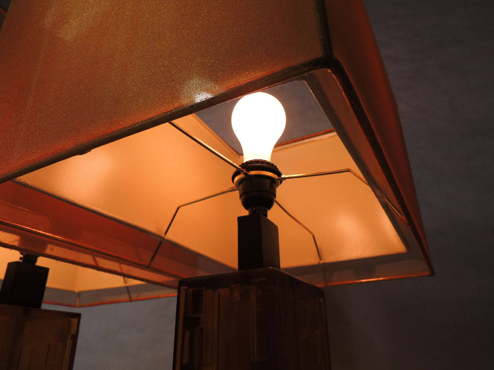 Two Modernist style Geometrical Cityscape Transparent Lucite Orange Table Lamps