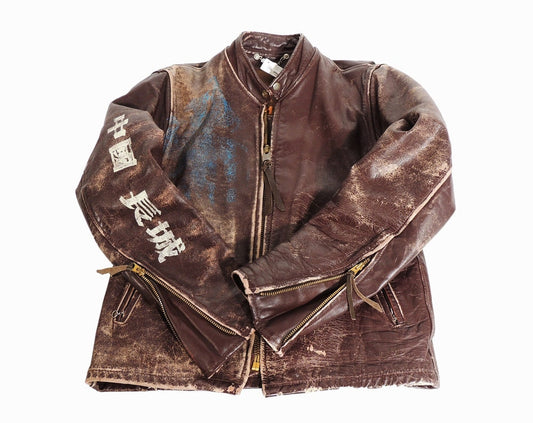 One of One Custom The Great China Wall Distressed Cafe Racer Leather Jacket
